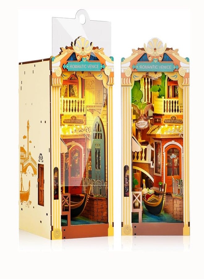 ROBOTIME Book Nook Kit with Dust Cover DIY Miniature House with LED 3D Wooden Puzzle Booknook Bookshelf Insert Decor Bookend Model Craft Hobby Gift for Teens and Adults (Romantic Venice) - Image 1